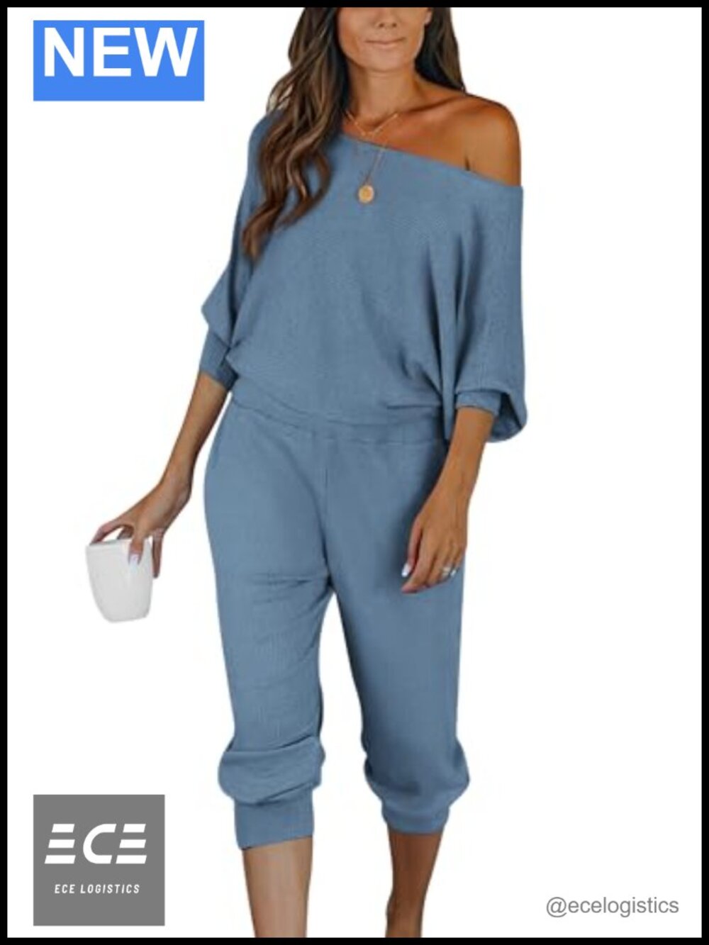Ribbed Knit Two Piece Lounge Set Off Shoulder Top & Pants Fall Winter